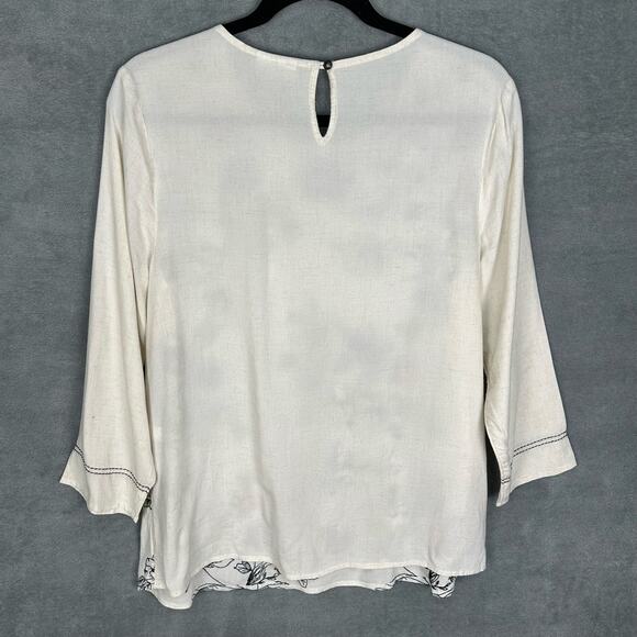 J Jill Top Womens Medium Cream Floral Embroidered Linen Tunic Lightweight Spring - Picture 5 of 12